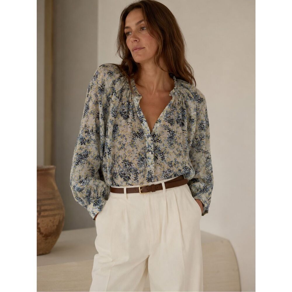 NWOT Apiece Apart everlasting blouse in blue cream, Sz 2, $218 A23